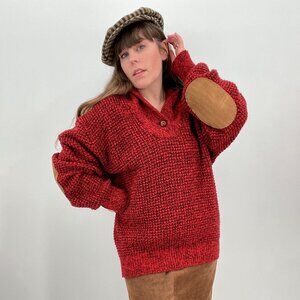 Vintage 70s AE Red Wool Elbow Patch Shawl Collar Sweater American Eagle | L-0X